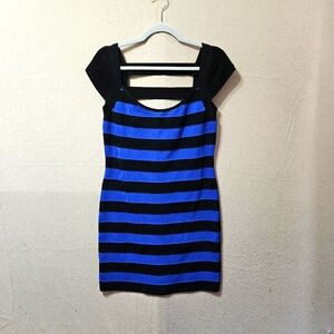 Guess LA Sz XL Bodycon Mini Dress Black And Blue Striped Cap Sleeve